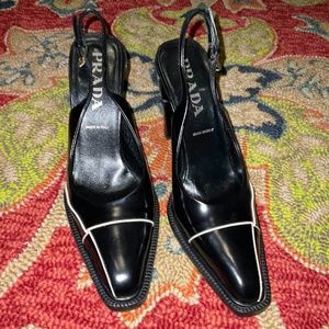 Prada Black Patent Leather Pointed Slingback Heels with White Piping